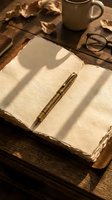 Open vintage notebook with fountain pen on rustic wooden desk with coffee mug and reading glasses in warm natural sunlight for writing and journaling.