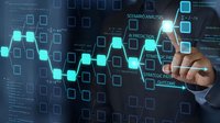 Businessman touching futuristic digital interface with glowing data analytics charts and strategic planning elements for business intelligence solutions.