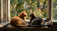 Two adorable cats sitting together on windowsill looking outside at blurred garden background with warm natural lighting creating cozy domestic scene.
