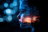 Double exposure portrait of young woman's profile merged with urban sunset skyline and forest silhouettes against blue bokeh background.