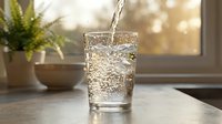 Water pouring into glass with ice cubes on table near window with potted plant, refreshing beverage for hydration and wellness.