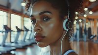 Young African American woman with headphones in gym, focused expression during workout with fitness equipment in background.