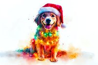 Happy dog wearing Santa hat and colorful Christmas lights garland, watercolor style artwork with vibrant splashes on white background, festive holiday pet portrait.