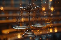 Decorative scales of justice with glowing bokeh lights in background, symbolizing legal balance and fairness in law practice and judicial system.