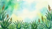 Watercolor aloe vera and succulent plants border with soft green and yellow background, hand-drawn botanical art for cards, posters, and nature designs.