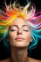 Serene expression with vibrant rainbow-colored hair flowing against dark background, eyes closed and peaceful smile, showcasing creative hair coloring and styling artistry.