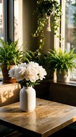 White peonies in ceramic vase on wooden table near window with houseplants creating cozy home interior atmosphere for spring decor and lifestyle content.