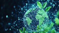 Digital Earth globe with green leaves and network connections on dark background, representing environmental technology and global sustainability solutions.