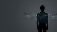 Silhouette of male figure wearing futuristic glowing shoulder armor with digital wave patterns emanating from torso against dark gray background, representing technology, innovation, and digital transformation for sci-fi and tech concepts.