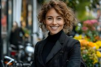Professional businesswoman with curly hair smiling confidently in urban setting wearing dark blazer and turtleneck for corporate lifestyle and career success.
