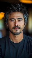 Portrait of Asian man with stylish gray-streaked hair and beard wearing black t-shirt, warm bokeh background creates professional headshot atmosphere.