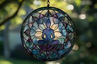 Colorful stained glass meditation suncatcher with silhouette of person in lotus position against natural bokeh background.