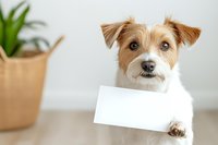 Cute brown and white terrier mix holding blank white sign with paws, isolated on white background for pet advertising, greeting cards, and promotional designs.