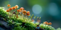 Tiny orange mushrooms growing on moss-covered log in forest with soft bokeh background, showcasing delicate woodland ecosystem.