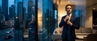 Confident businessman in dark suit adjusting tie in modern luxury apartment with city skyline view at night, professional success lifestyle.