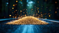 Glowing golden glitter pile with magical sparkles and bokeh lights on dark blue background, creating mystical atmosphere for luxury design projects.