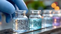 Small glass bottles with sparkling liquid and bubbles in laboratory setting, blue gloved hand holding vial, blurred bokeh background creates scientific atmosphere.