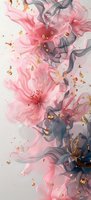 Ethereal pink and gray floral composition with gold foil accents flowing in gentle motion, creating dreamy abstract art suitable for luxury design projects.