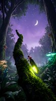 Enchanted forest scene with glowing firefly on moss-covered tree trunk under starry purple night sky with crescent moon for fantasy storytelling projects.