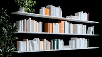 Modern minimalist bookshelf with white and orange books arranged on floating gray shelves against black wall, decorative green plant adds natural accent.