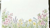 Watercolor wildflower border frame with pink blossoms, lavender, yellow flowers and green foliage on textured paper background for spring designs.