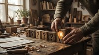 Man arranging wooden blocks with question marks while holding glowing light bulb representing creative problem solving and innovation in workshop setting.