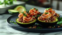 Grilled shrimp served on avocado halves with quinoa and fresh herbs, plated on dark stone surface. Healthy protein-rich appetizer with vibrant colors.