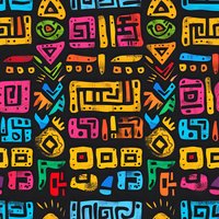 Vibrant geometric tribal pattern with colorful abstract shapes on black background. Seamless repeat design for fabric, wallpaper and surface decoration.
