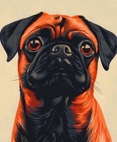 Close up portrait of orange and black pug dog with expressive eyes and wrinkled face against light background, stylized artistic illustration.