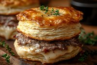 Gourmet beef and melted cheese sandwich made with flaky golden puff pastry layers, garnished with fresh herbs on rustic wooden board. Close up food photography.