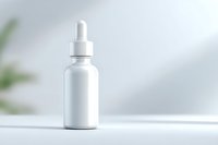 White dropper bottle with serum on light background with soft shadow and blurred green plant. Clean minimalist cosmetic mockup for skincare product.