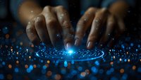 Female hands touching glowing blue digital circle with light particles and bokeh effects, representing digital transformation and futuristic technology.