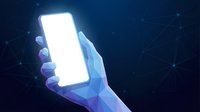 Hand holding smartphone with blank white screen against futuristic blue network background with glowing connections and digital grid pattern.