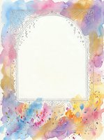 Watercolor celebration card template with ornate silver arch frame, colorful confetti and balloons, vibrant pastel splashes, copy space for text.
