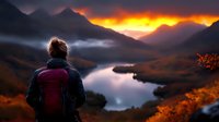 Hiker with backpack admiring dramatic mountain sunset over serpentine lake, surrounded by autumn foliage and misty peaks against fiery orange sky.