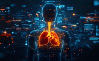 Glowing human lungs and respiratory system visualization with digital interface elements on dark background with data analytics display for medical research.