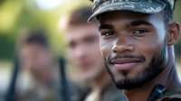 Young African American male soldier in military uniform and cap smiling confidently at camera with fellow service members blurred in background during training or deployment.