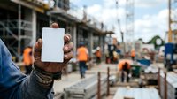 Construction worker holding blank white tablet on active building site with team and equipment in background.