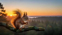 Red squirrel sitting on moss-covered branch during golden hour sunset with forest landscape background. Wildlife photography concept for nature lovers.