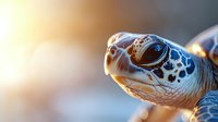 Close up portrait of sea turtle with gentle sunlight, showing detailed texture of skin and eye, capturing peaceful marine life in natural environment.