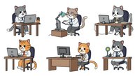 Cartoon cats working at desks with laptops and office supplies, isolated characters ready for design projects, web graphics, and educational materials.