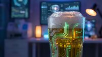 Transparent glass with glowing green circuit board patterns in modern tech workspace. Digital technology concept for futuristic computing and electronics design.