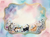 Watercolor decorative frame with playful cats, floral elements, and gold border on pastel pink and blue background with copy space.