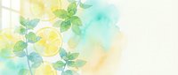 Watercolor botanical background with delicate green leaves and soft yellow blue pastel washes creating dreamy natural texture for spring designs.