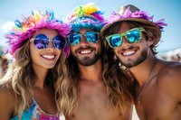 Cheerful young friends wearing colorful feather headbands and reflective sunglasses smile together during summer festival celebration outdoors against blue sky.