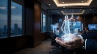 Businessman hand presenting holographic human anatomy model in modern office with digital health technology interface for medical innovation.