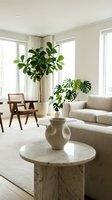 Modern minimalist living room with monstera plant in ceramic vase on marble coffee table, neutral beige sofa and wooden chair creating serene home interior.