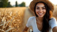 Young Hispanic woman in straw hat smiling at camera while standing in golden wheat field during sunset, wearing casual gray t-shirt, natural summer lifestyle.
