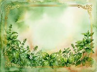 Watercolor herb garden frame with green foliage, ornamental gold corners, and cream center space. Suitable for invitations, certificates, and botanical designs.