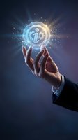 Caucasian male hand in business suit holding glowing orb with information icon and particle effects, representing knowledge, support, and digital solutions for corporate presentations.